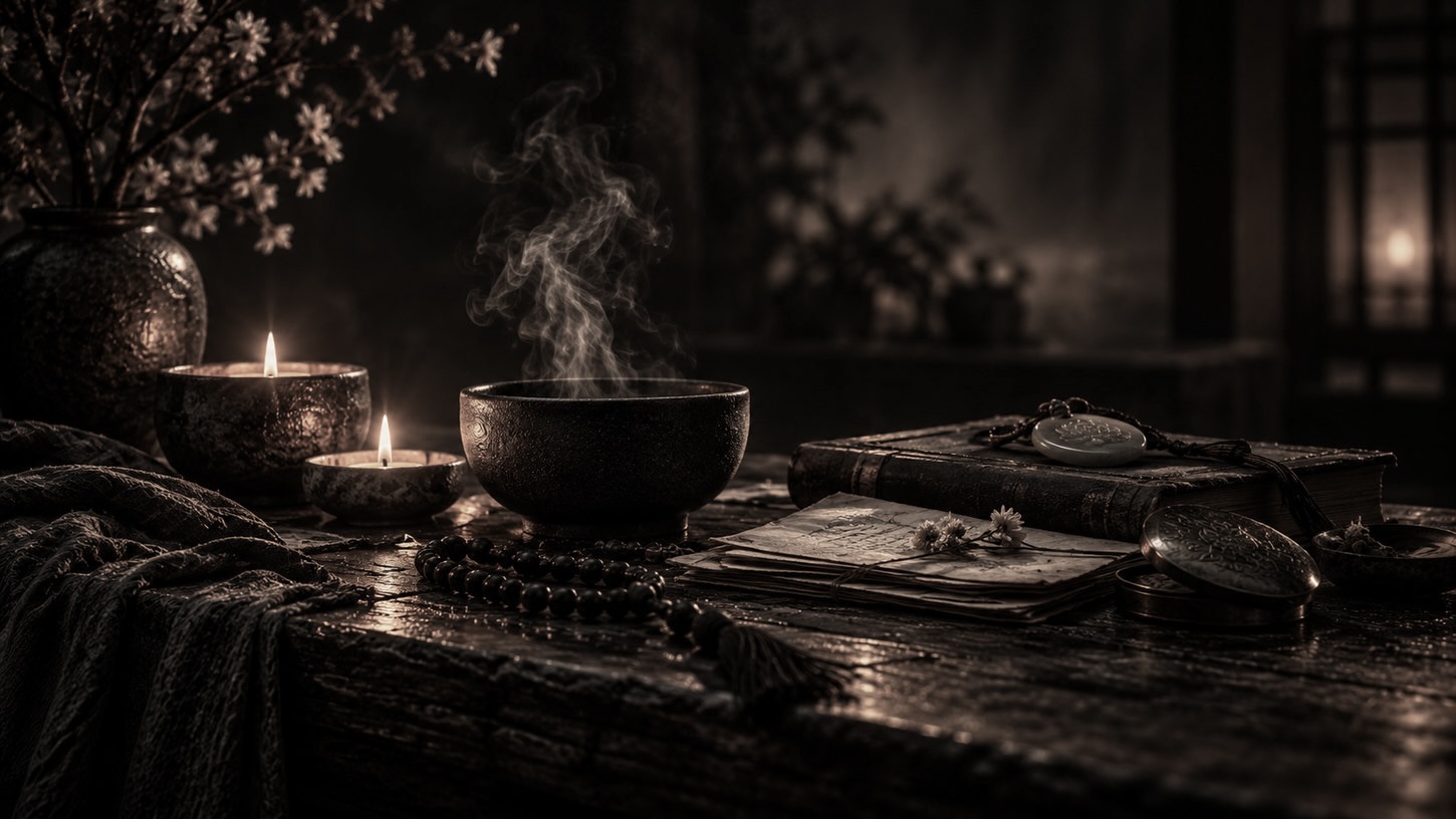 Candlelight, a steaming bowl, prayer beads and handwritten papers on a quiet wooden table