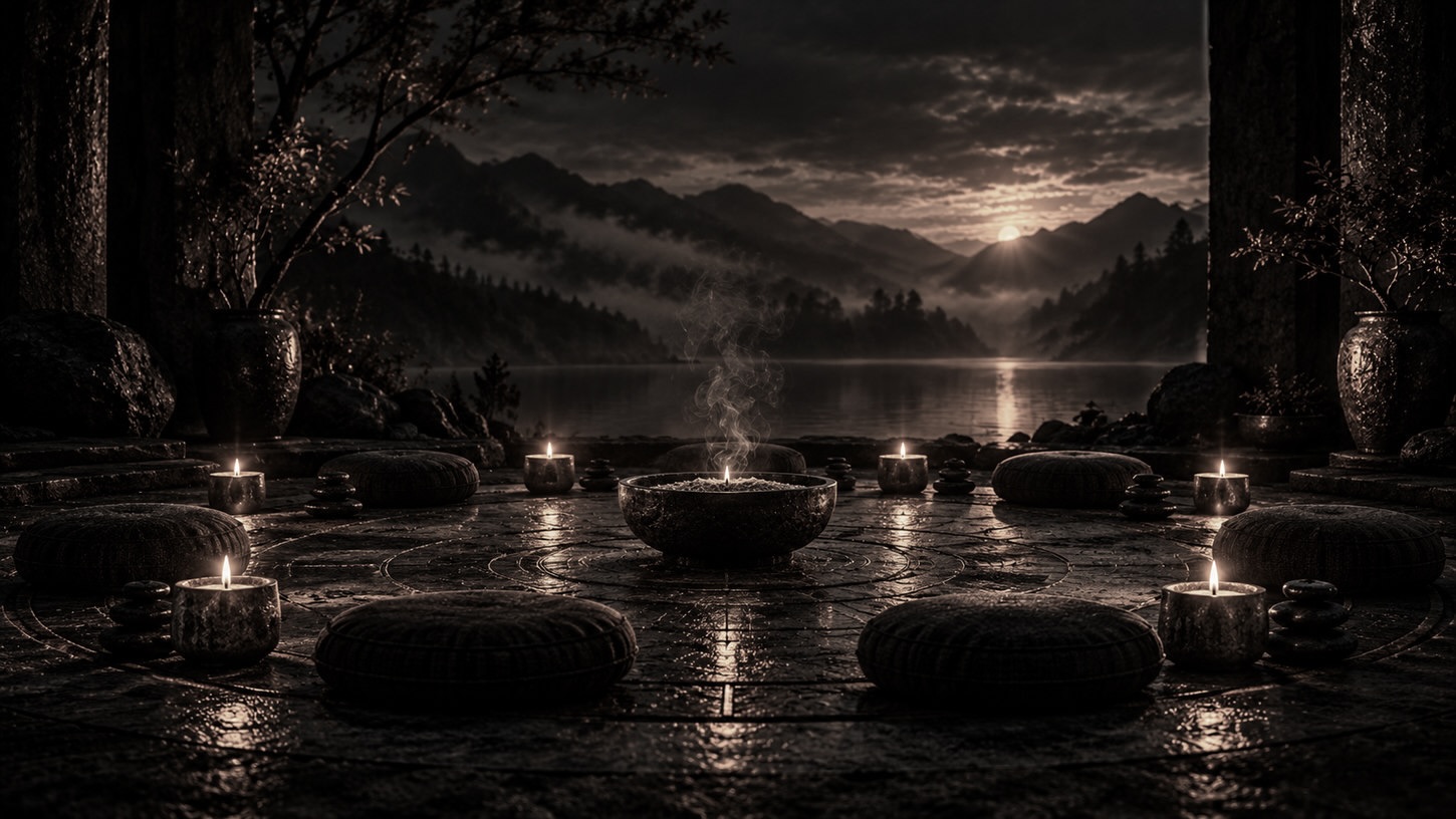 Meditation cushions gathered around a central bowl overlooking a still mountain lake