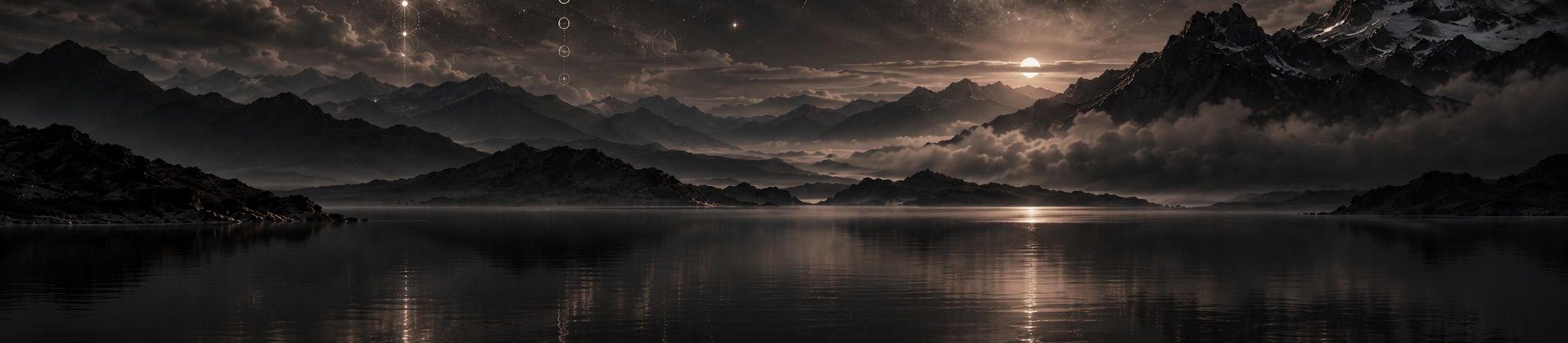 Dark charcoal celestial landscape: a still mountain lake beneath a star-filled sky, sacred geometry, and planets